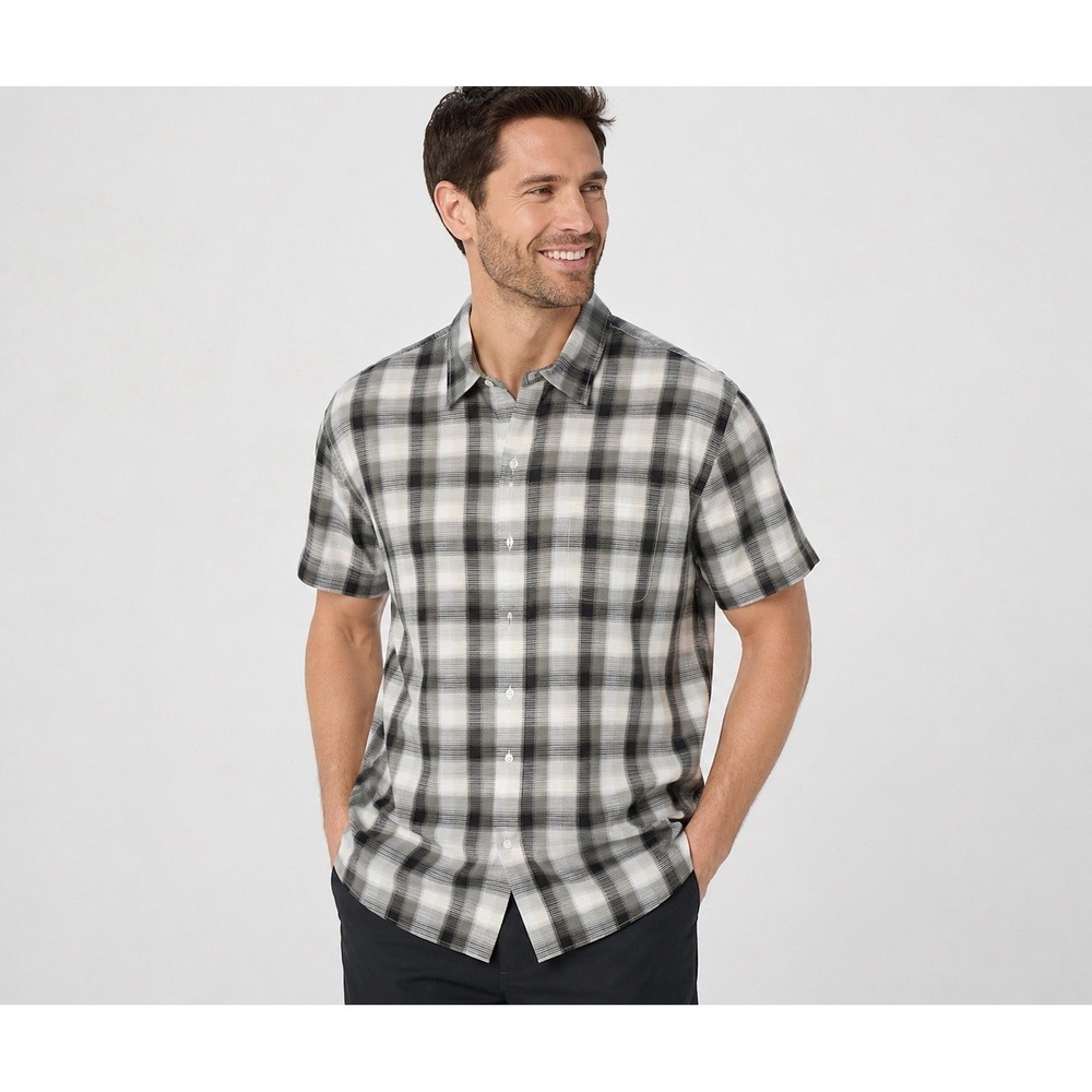 Van Heusen Gray/White/Black Plaid Cotton Rayon Short Sleeve Button-Up XL